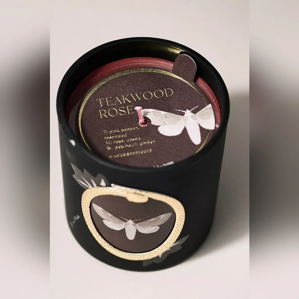 Anthropologie Catherine Martin Halloween Moth Woody Teakwood Rose Glass Candle
